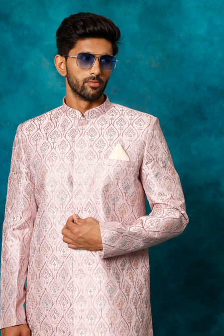 VASTRAMAY Men's Purple Pastel Embroidered Sherwani Set